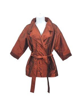 Chicos Short Trench Coat Jacket L/12 Tie Belt Bronze Copper Metallic Shimmer